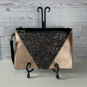 Express Black Glitter and Rose Gold Metallic Clutch NWOT